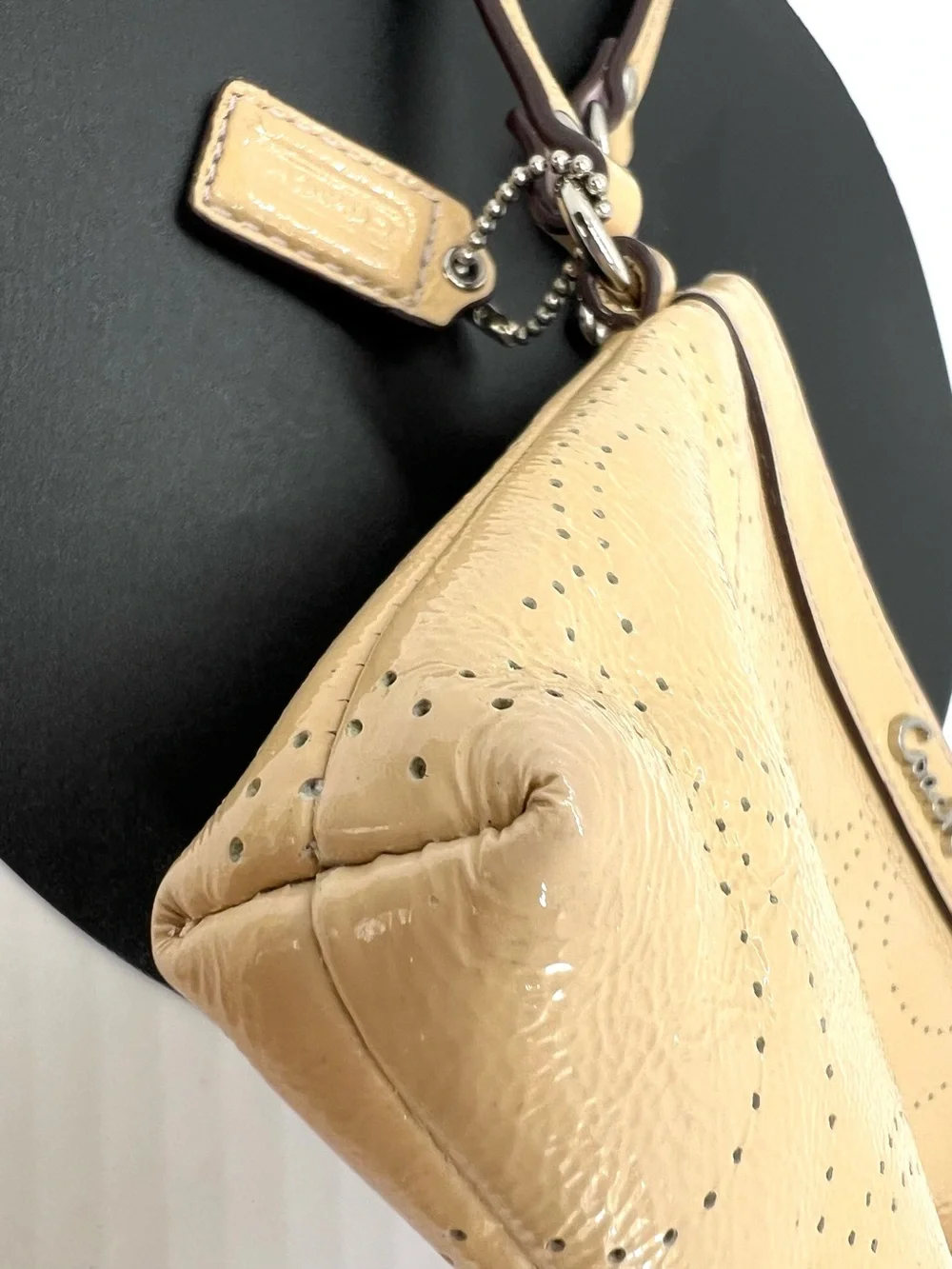 Coach Beige Patent Leather Perforated Signature C Wristlet Lilac Trim